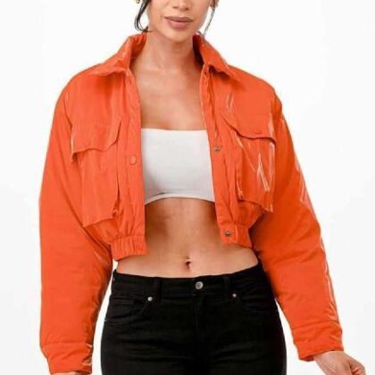 CHAQUETA ORANGE BOMBER CORTA, BRILLOSA