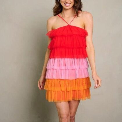 VESTIDO ROJO TRICOLOR OLANES DE MESH