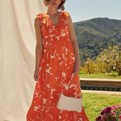 VESTIDO FLORAL NARANJA, LARGO SIN MNG