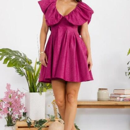 VESTIDO MAGENTA TABLEADO MNG Y PECHO GLOBO L