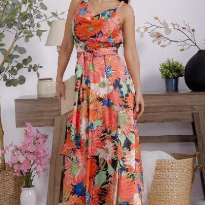VESTIDO NARANJA FLORAL COLORIDO TIRANTE PERLAS