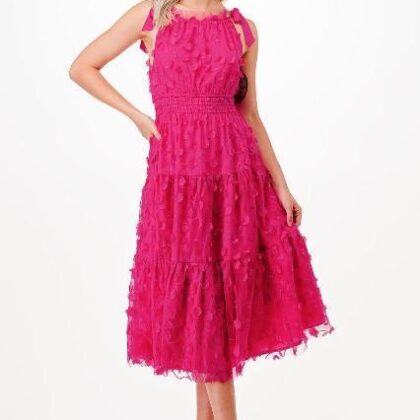 VESTIDO FUCHSIA FLORAL 3D TIRANTE AJUSTABLE
