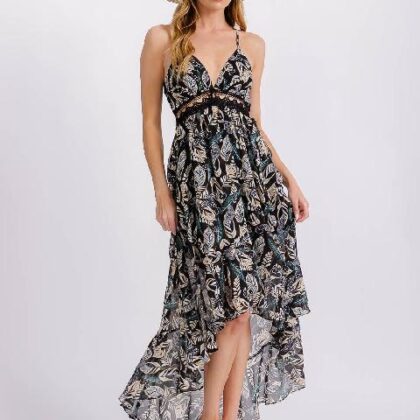 VESTIDO ESTAMPADO HOJAS, CORTE ASIMETRICO