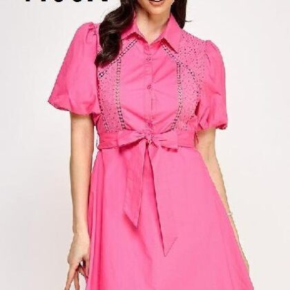 VESTIDO ABOTONADO, BORDADO EN MNG Y PECHO