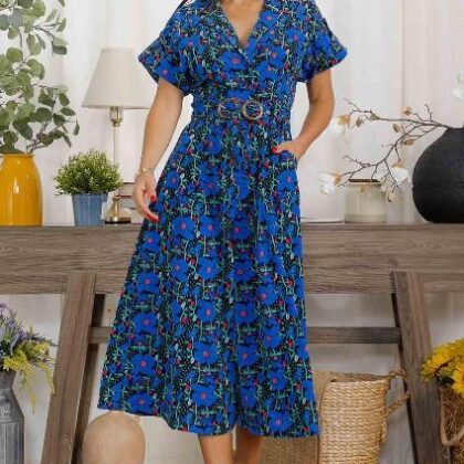 PALAZZO FLORAL AZUL BOLSAS EN PECHO