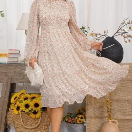 VESTIDO HUESO FLOREADO, RESORTE EN PECHO