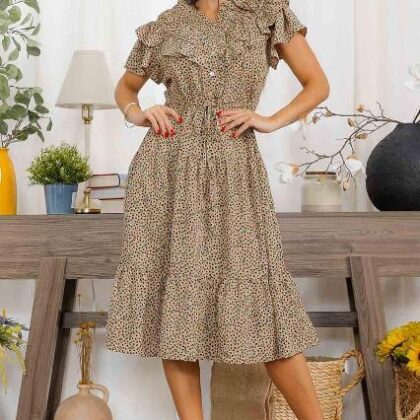 VESTIDO KAKI FLORES VERDES MANCHAS NEGRAS