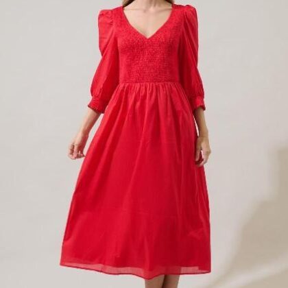 VESTIDO ROJO PECHO RESORTE MNG LARGA