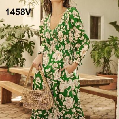 VESTIDO FLORAL BEIGE, RESORTE EN PECHO