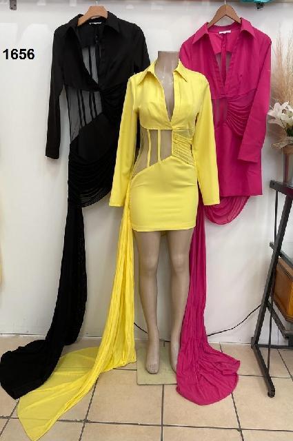 VESTIDO FUCSIA TRANSPARENCIA ABDOMEN CON COLA