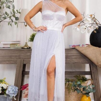VESTIDO GRIS PECHO CORSET CON PERLAS