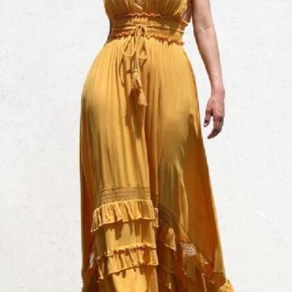 VESTIDO ESCOTE ESPALDA, OLANES EN FALDA L