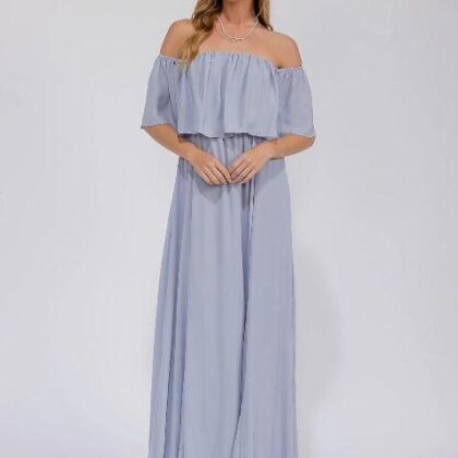VESTIDO BABY BLUE A LOS HOMBROS, GALA