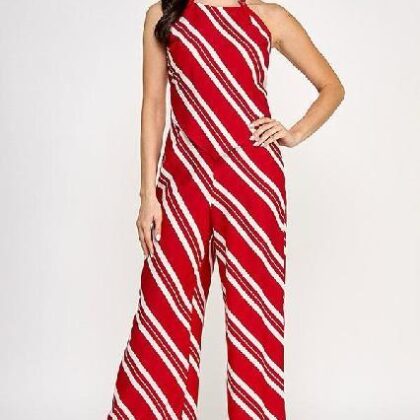 SET ROJO RAYADO BLUSA HALTER EN PICO