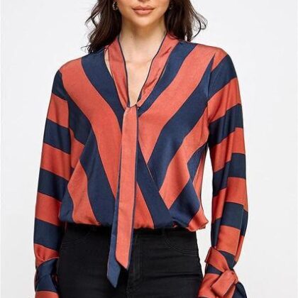 BLUSA COBRE RAYAS AZULES MNG Y CUELLO MOÑOS