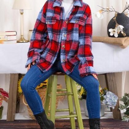 ABRIGO ROJO CUADROS AZULES, ABORREGADO