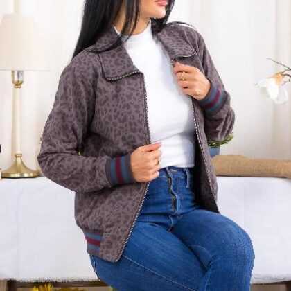 CHAMARRA GRIS DE LEOPARDO CUELLO ALTO