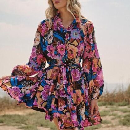 VESTIDO FLORES COLORIDAS MNG LARGA