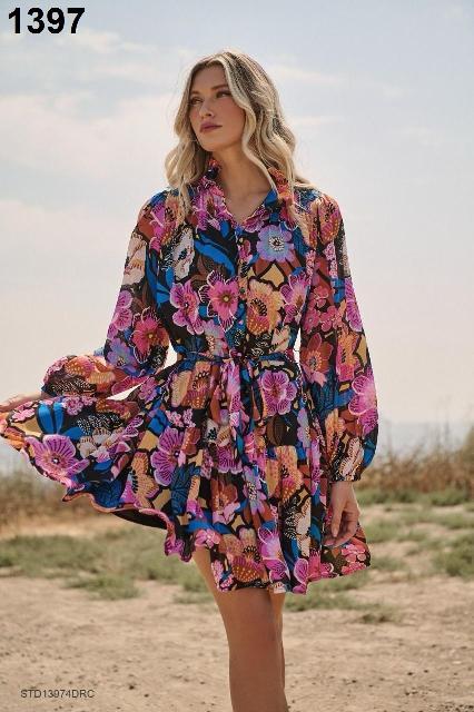 VESTIDO FLORES COLORIDAS MNG LARGA