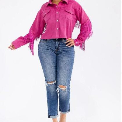 CHAQUETA FUCHSIA DE GAMUZA CON BARBAS