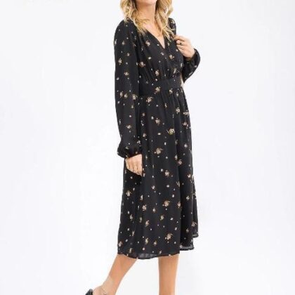 VESTIDO FLORAL DORADO MNG LARGA