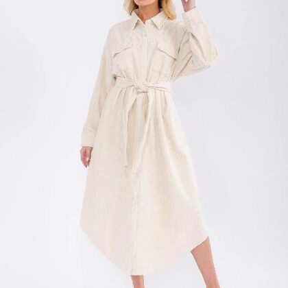 VESTIDO CREMA ACANALADO DE GAMUZA, ABOTONADO