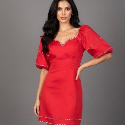 VESTIDO ROJO MNG GLOBO, CONTORNO CUADRADO