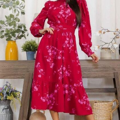 VESTIDO FLORAL ROSA, CINTURA PLIZADA