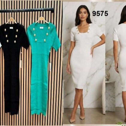 VESTIDO BLANCO AL CUERPO, BOTONES DORADOS M/