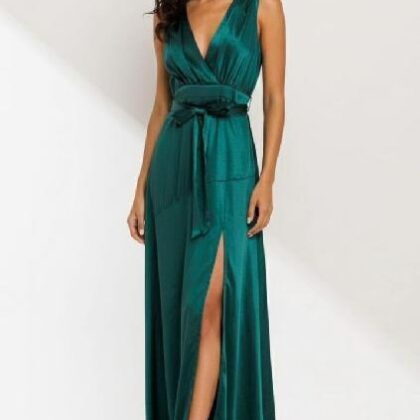 VESTIDO ESMERALDA SATIN, ABERTURA EN FALDA