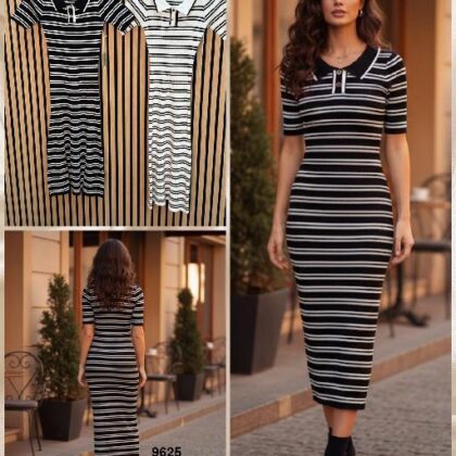 VESTIDO NEGRO RAYAS BLANCAS CASUAL ACANALADO M/