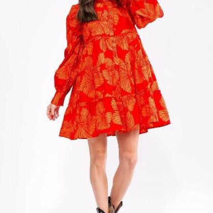 VESTIDO ROJO, HOJAS NARANJAS MNG LARGA