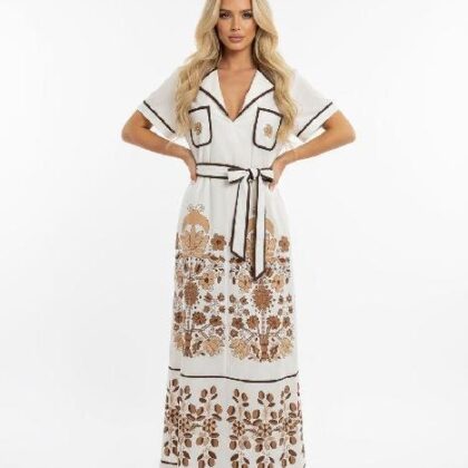 VESTIDO ESTAMPADO CAFE, LAZO EN CINTURA
