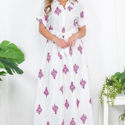 VESTIDO MOSAICOS PURPURA, ABOTONADO