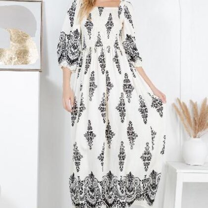 VESTIDO HUESO MANDALAS NEGRAS , PECHO RESORTE