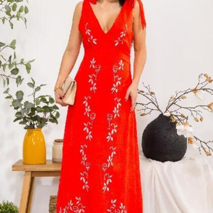 VESTIDO CORAL DISEÑO DE COPAS Y FLORES