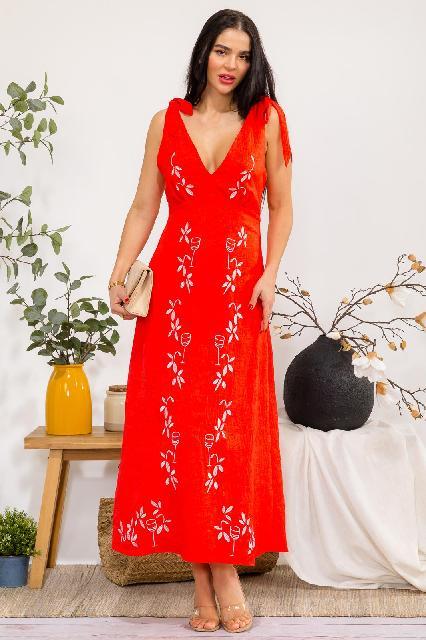 VESTIDO CORAL DISEÑO DE COPAS Y FLORES