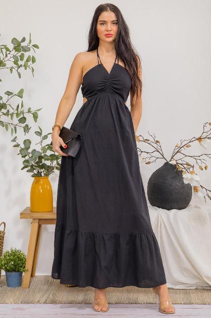 VESTIDO PECHO FRUNCIDO, ESCOTE ESPALDA