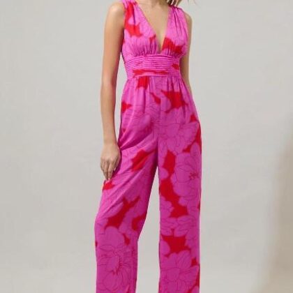 PALAZZO ROJO FLORAL , CINTURA PLIZADA