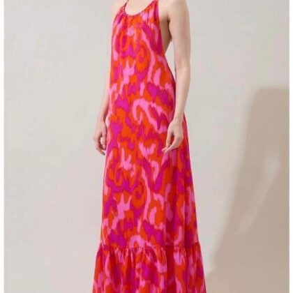 VESTIDO NARANJA DEGRADADO MORADO, HALTER