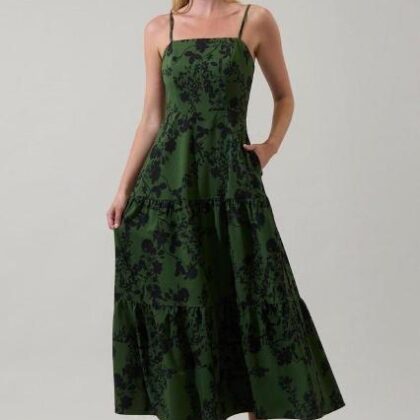 VESTIDO OLIVO FLORAL NEGRO, TIRANTES