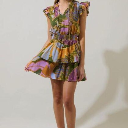 VESTIDO OLIVO HOJAS MULTICOLOR, CUELLO AJUSTABLE