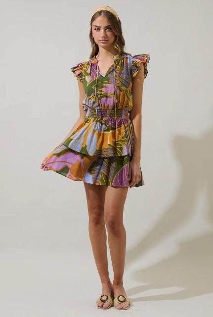 VESTIDO OLIVO HOJAS MULTICOLOR, CUELLO AJUSTABLE