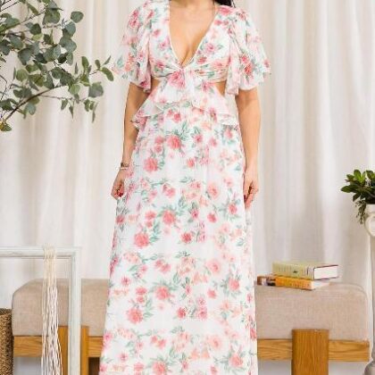 VESTIDO BLANCO FLORES CORTES CINTURA