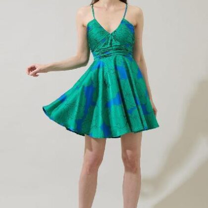 VESTIDO FLORAL VERDE, SATINADO