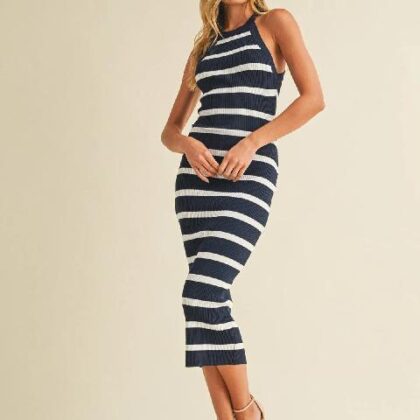 VESTIDO MARINO RAYAS BLANCAS, SIN MNG