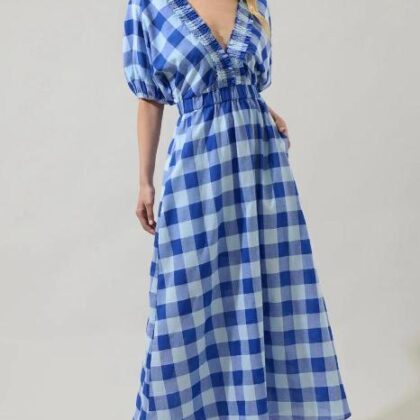 VESTIDO /MENTA CUADRICULADO, ESCOTE ´V´