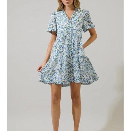 VESTIDO FLORES AZULES/VERDES, ABOTONADO