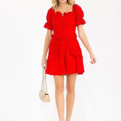 VESTIDO ROJO BORDADO MNG GLOBO, OLAN EN FALDA