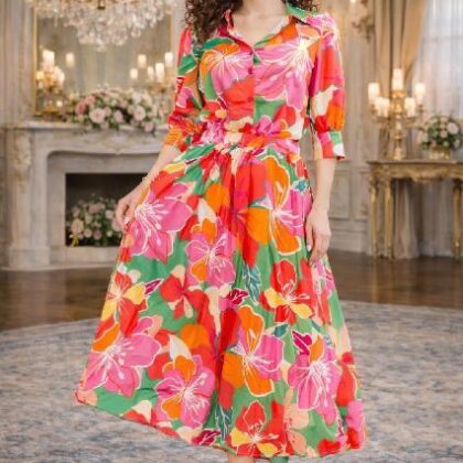 SET FLORES MULTICOLOR, FALDA TABLEADA